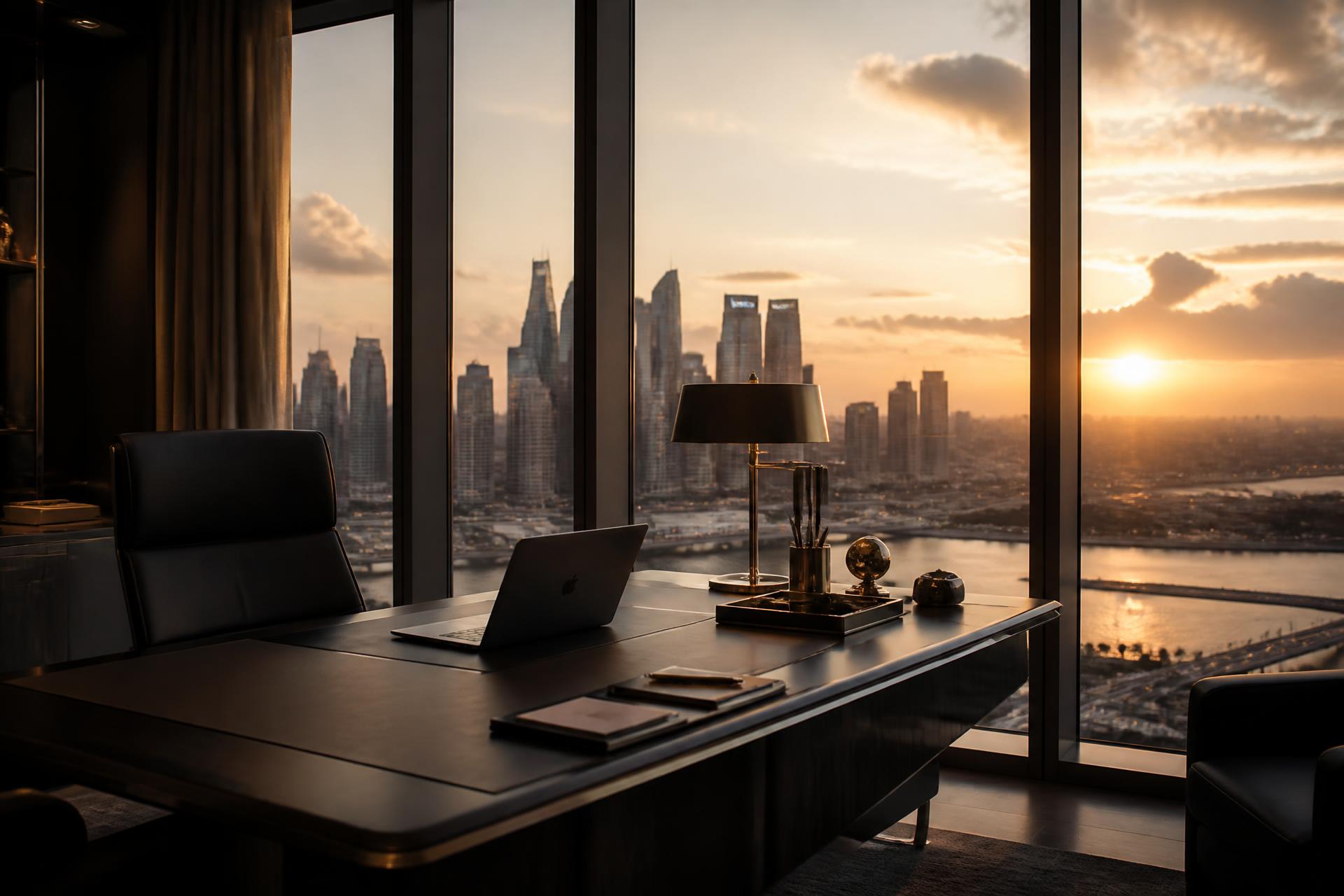 Ambiente ejecutivo internacional al atardecer